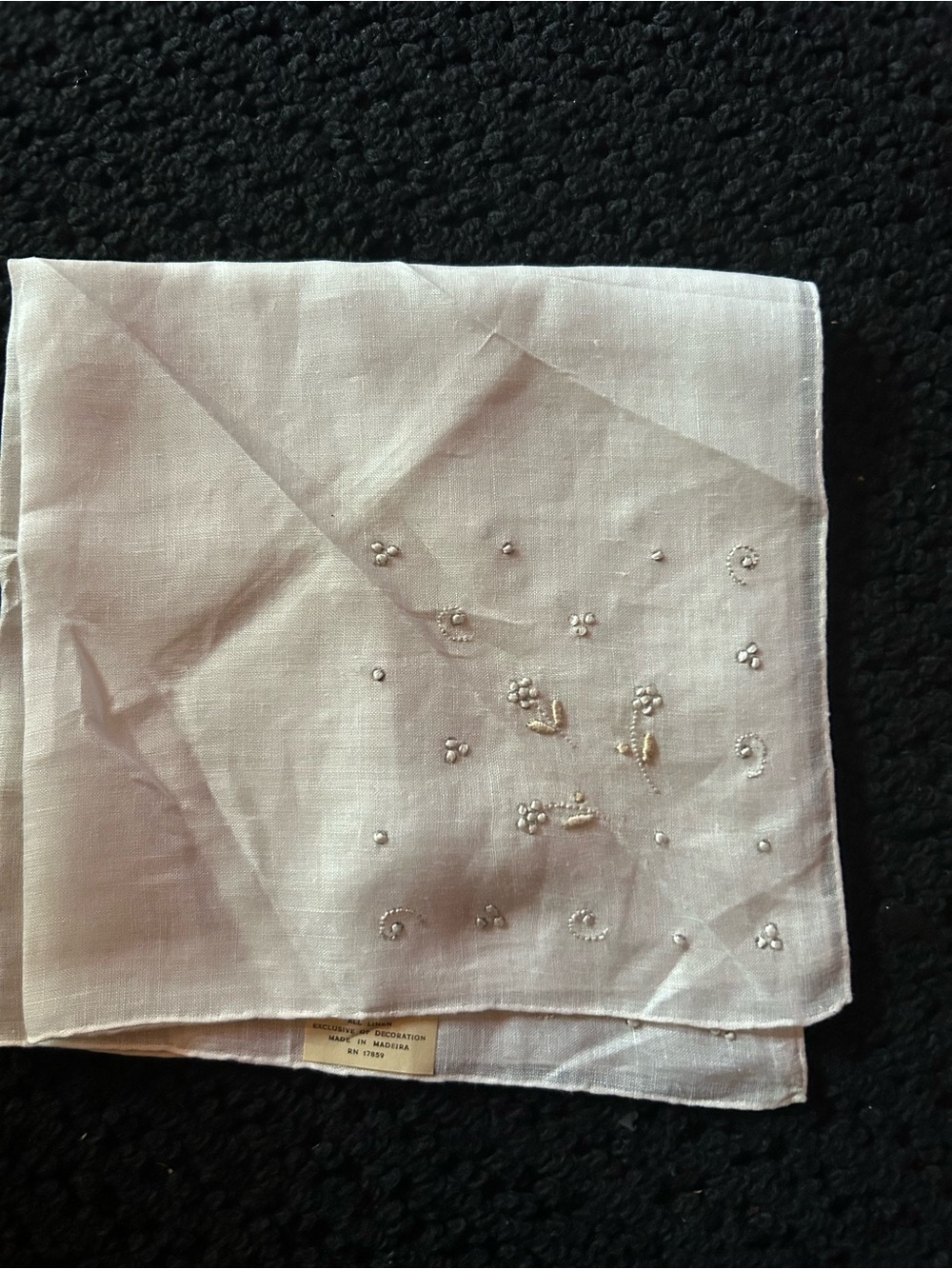 Embroidered White Linen Handkerchief with Small Grey Flower and Dot  Detail